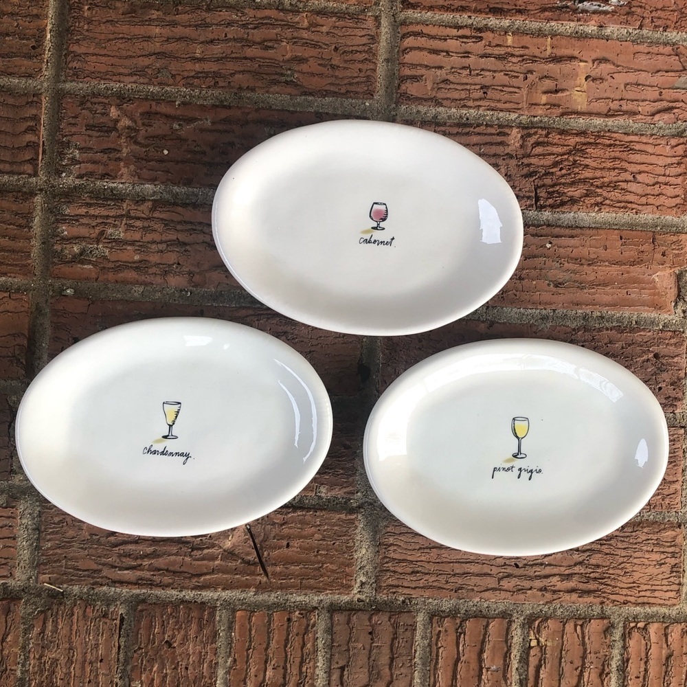 Set of 3 Magenta Exclusive Small White Oval Wine Motif Cheese or Dessert Plates